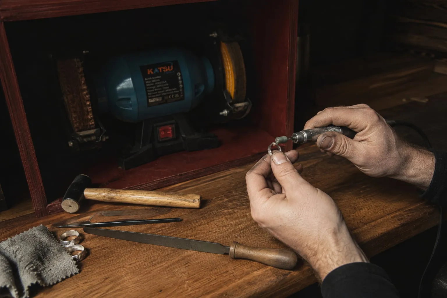 A maker's hands finishing a silver ring with a handheld rotary tool at a workbench in York.
